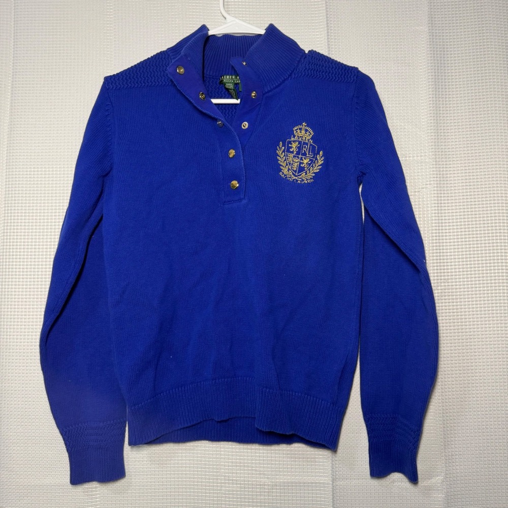 Lauren Active Ralph Lauren Pullover Sweater‎ S Royal Blue Gold Crest Button